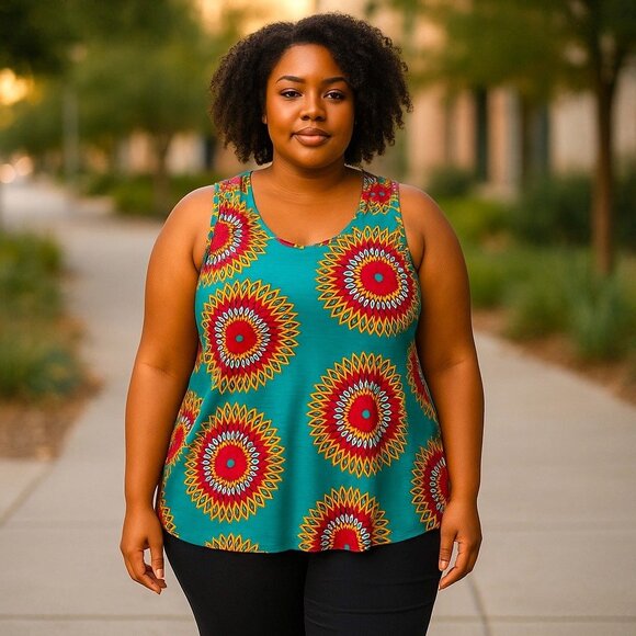 J. Peterman Teal Sunflower/Graphic Sleeveless Tunic, XL - Picture 1 of 8